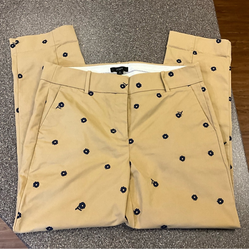 J.Crew Khaki Pants w/ Embroidered Navy Flowers
